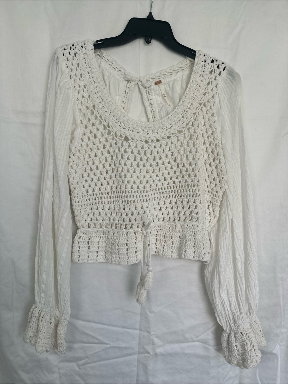 Free People Ivory Crochet Tie-Waist Peasant Top